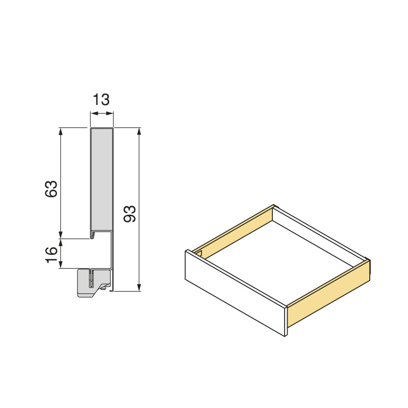 Cassetto esterno Protone 30kg, guide di estrazione totale con una chiusura soft, altezza 93mm, profondità 500mm, Acciaio