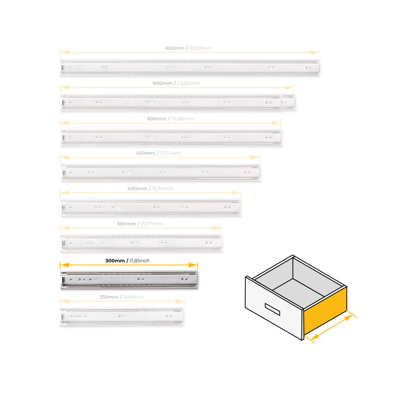 Set di guide a sfera per cassetti a estrazione totale, altezza 45 mm, lunghezza 350 mm, Acciaio, Zincato bianco