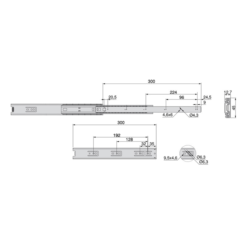 Set di guide a sfera per cassetti a estrazione totale, altezza 45 mm, lunghezza 350 mm, Acciaio, Zincato bianco