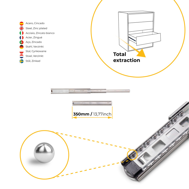 Set di guide a sfera per cassetti a estrazione totale, altezza 45 mm, lunghezza 400 mm, Acciaio, Zincato bianco