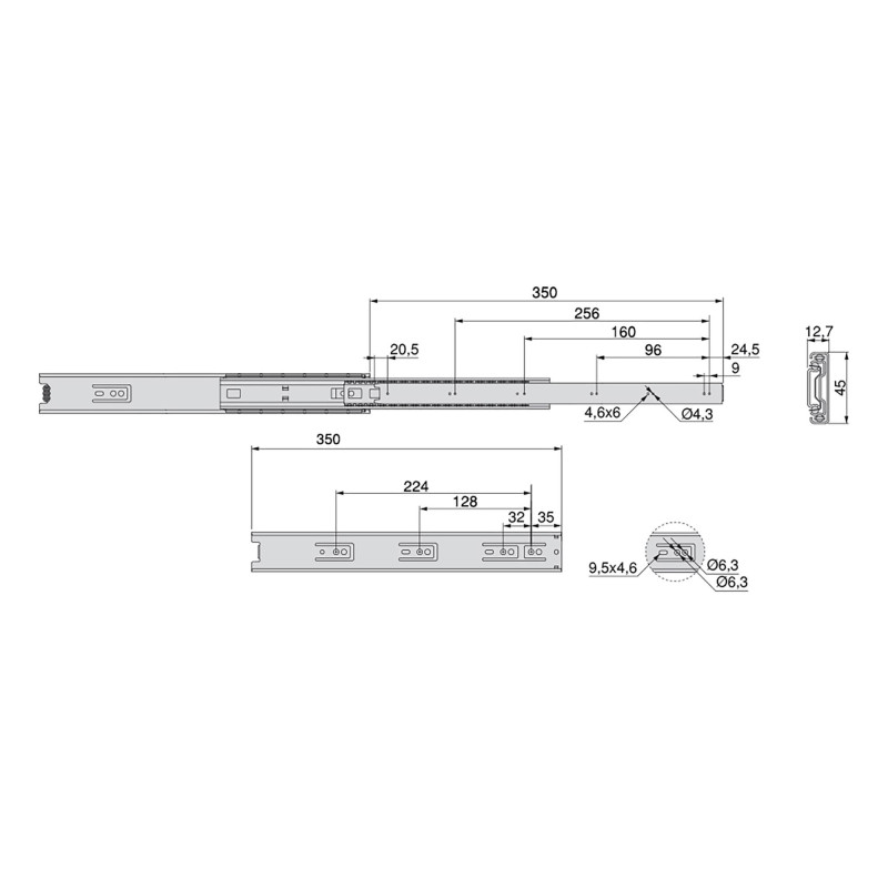 Set di guide a sfera per cassetti a estrazione totale, altezza 45 mm, lunghezza 400 mm, Acciaio, Zincato bianco