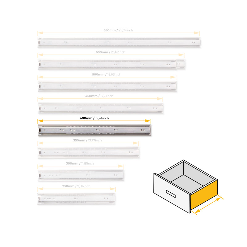 Set di guide a sfera per cassetti a estrazione totale, altezza 45 mm, lunghezza 450 mm, Acciaio, Zincato bianco