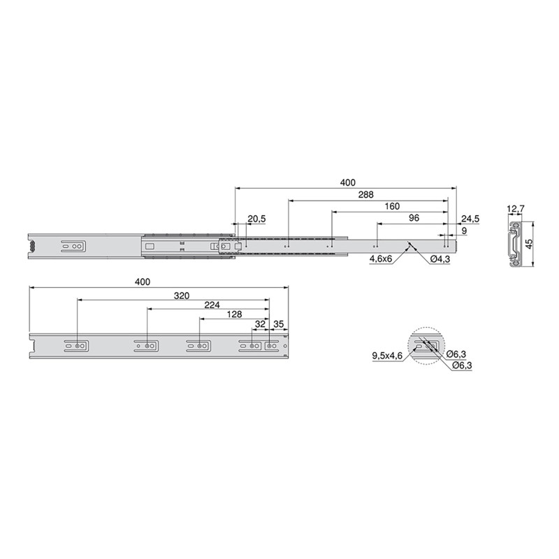 Set di guide a sfera per cassetti a estrazione totale, altezza 45 mm, lunghezza 450 mm, Acciaio, Zincato bianco