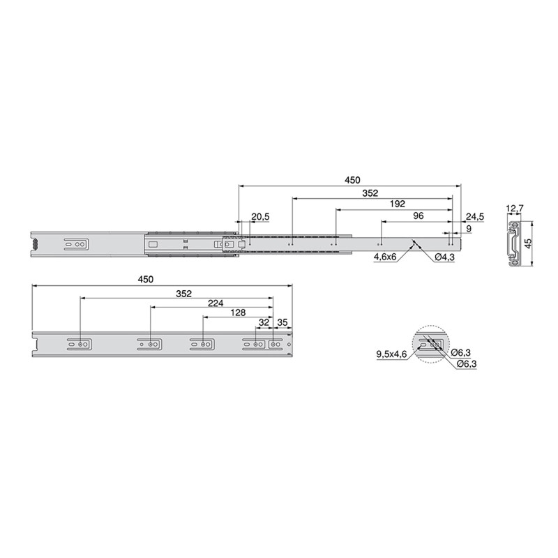 Set di guide a sfera per cassetti a estrazione totale, altezza 45 mm, lunghezza 500 mm, Acciaio, Zincato bianco