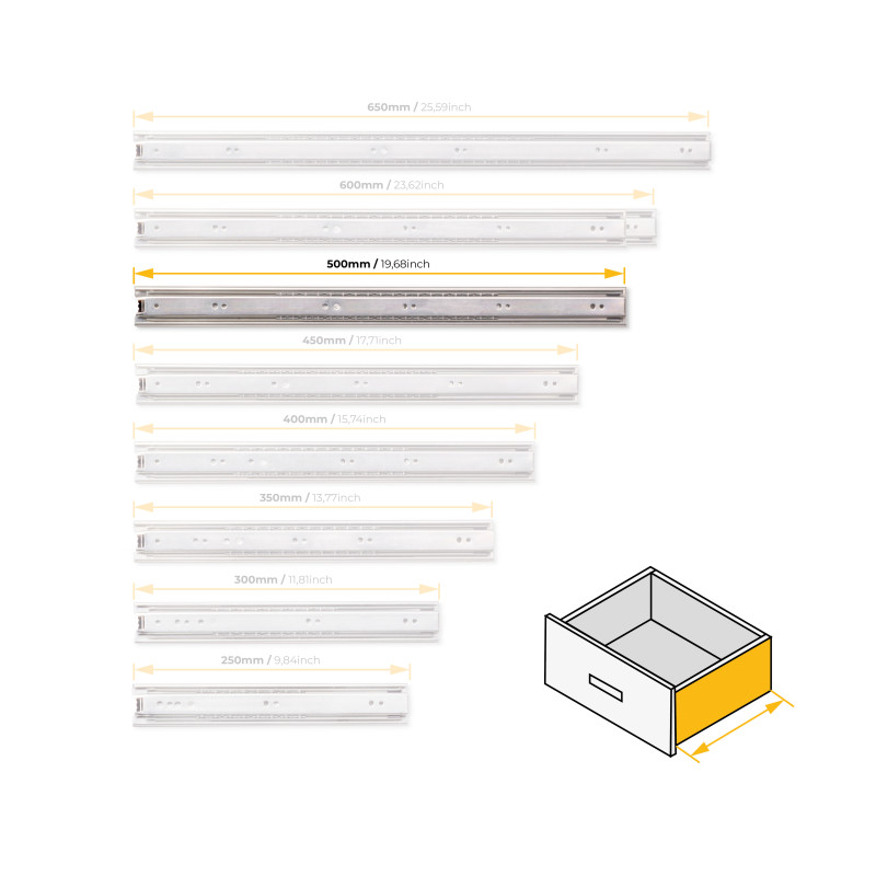 Set di guide a sfera per cassetti a estrazione totale, altezza 45 mm, lunghezza 600 mm, Acciaio, Zincato bianco