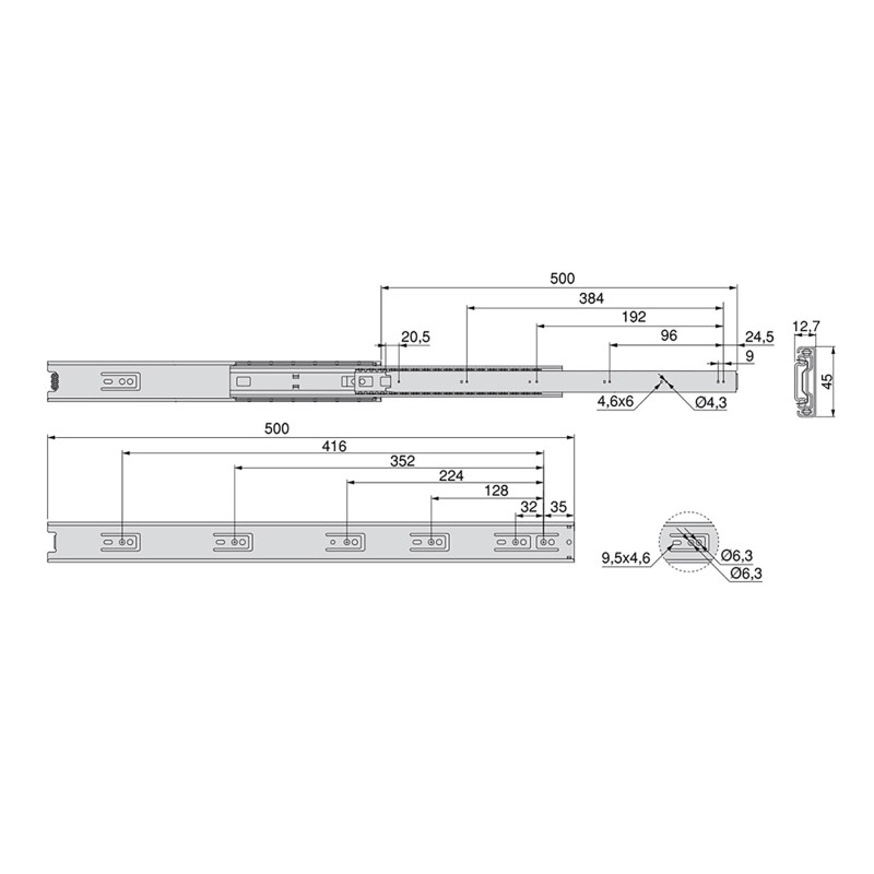 Set di guide a sfera per cassetti a estrazione totale, altezza 45 mm, lunghezza 600 mm, Acciaio, Zincato bianco