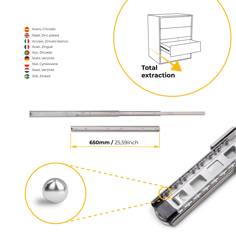 Set di guide a sfere per cassetti con estrazione totale, altezza 45 mm, lunghezza 300 mm, Acciaio, Zincato bianco