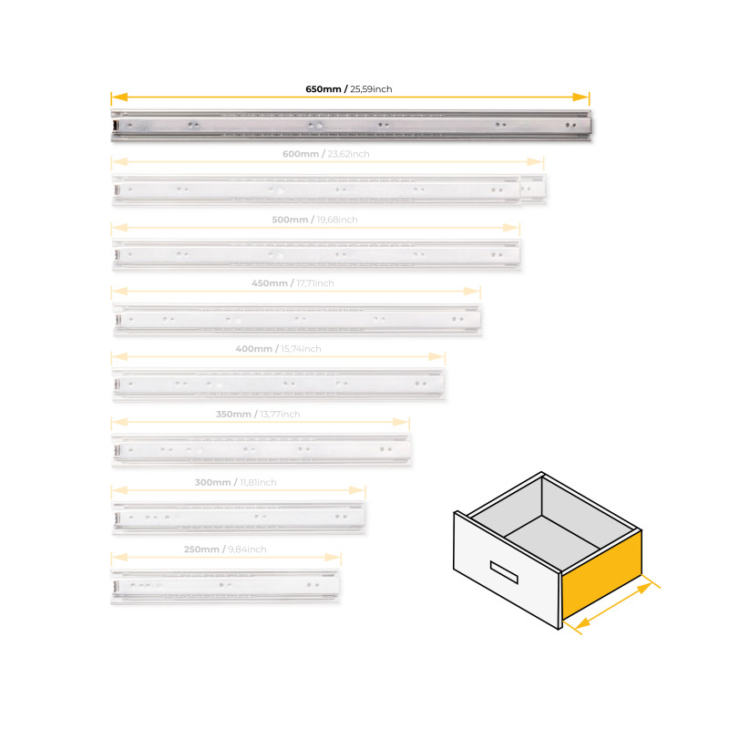 Set di guide a sfere per cassetti con estrazione totale, altezza 45 mm, lunghezza 300 mm, Acciaio, Zincato bianco