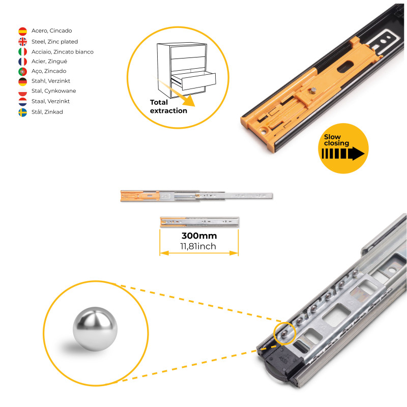 Set di guide a sfere per cassetti con estrazione totale e chiusura soft, altezza 45 mm, lunghezza 350 mm, Acciaio, Zincato