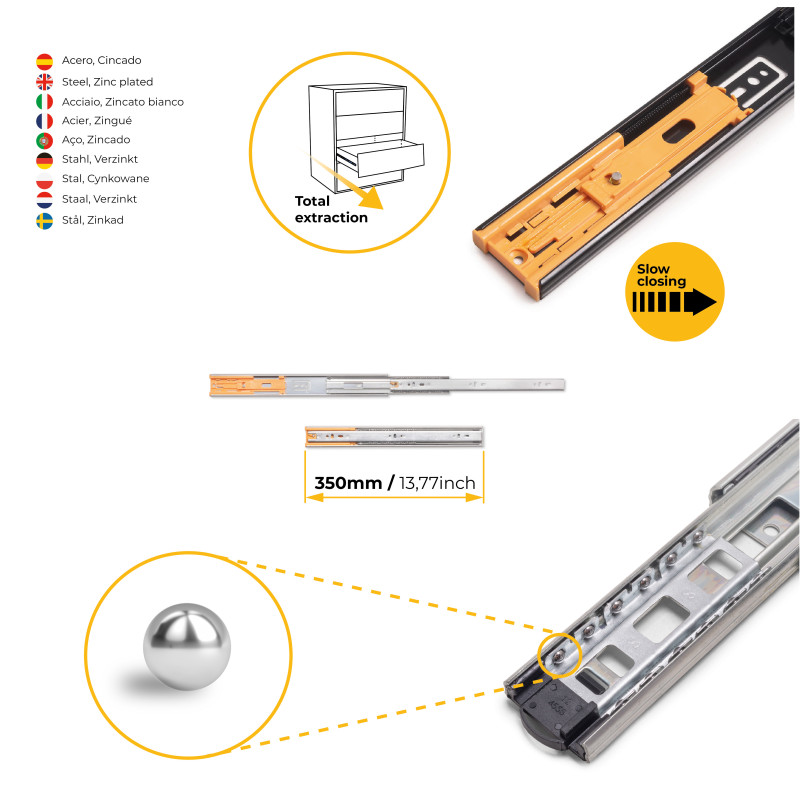 Set di guide a sfere per cassetti con estrazione totale e chiusura soft, altezza 45 mm, lunghezza 400 mm, Acciaio, Zincato