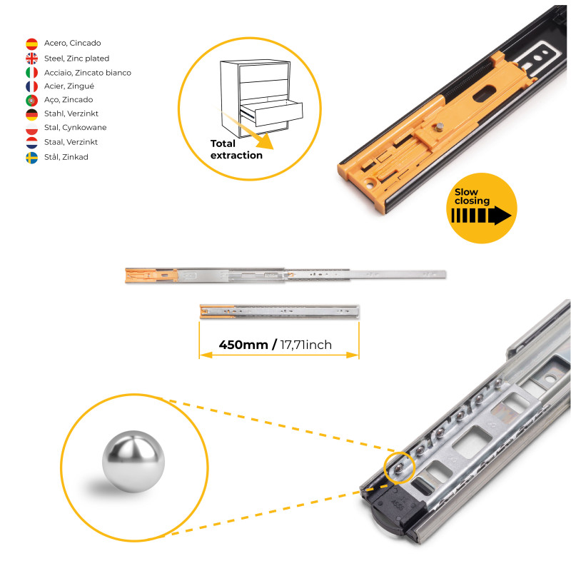 Set di guide a sfere per cassetti con estrazione totale e chiusura soft, altezza 45 mm, lunghezza 500 mm, Acciaio, Zincato