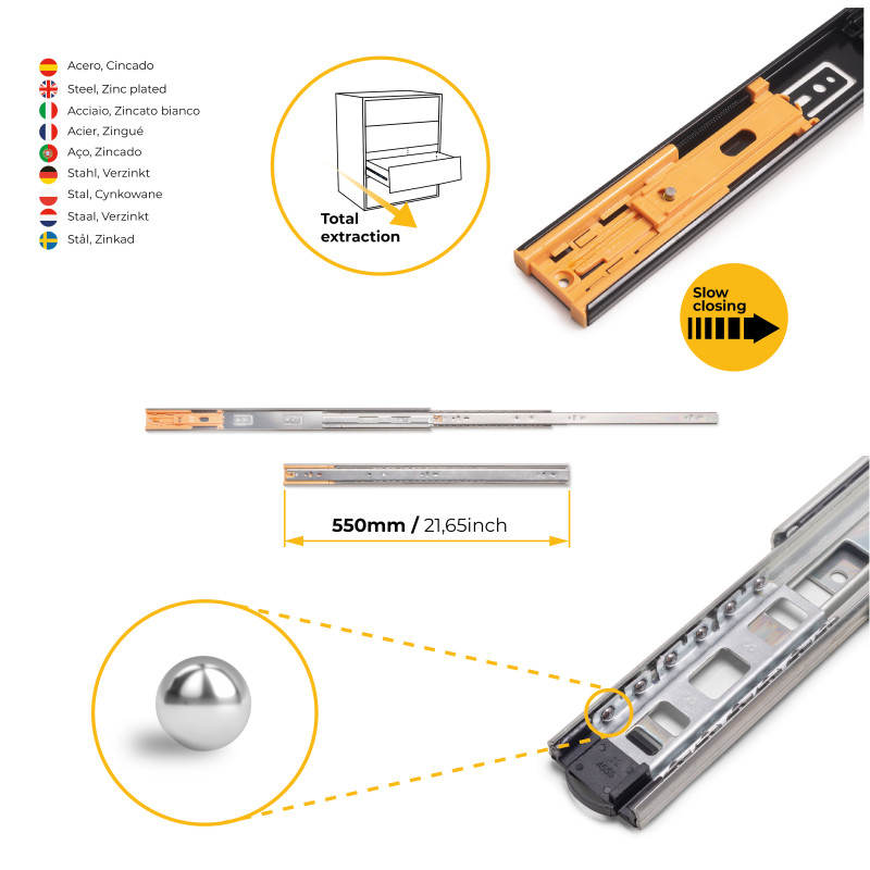 Set di guide a sfere per cassetti con estrazione totale e chiusura soft, altezza 45 mm, lunghezza 600 mm, Acciaio, Zincato