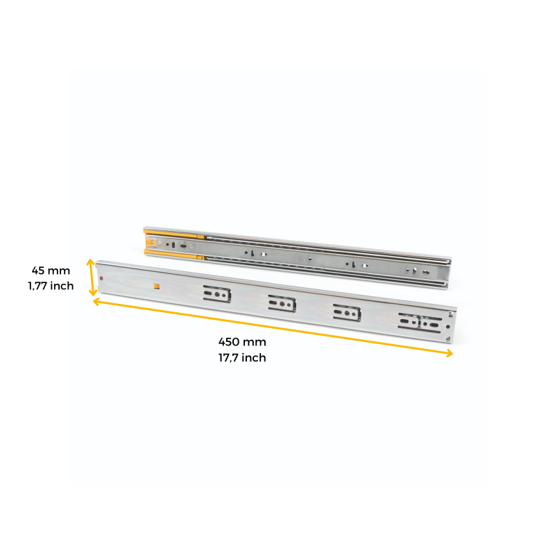 Set di guide a sfere per cassetti con estrazione totale e chiusura soft, altezza 45 mm, lunghezza 500 mm, Acciaio, Zincato