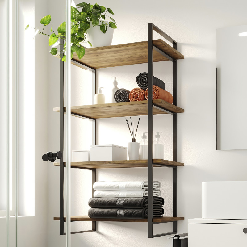 Kit di scaffali Lader con struttura e ripiani, altezza 1150 mm, Acciaio, Verniciato nero e Legno