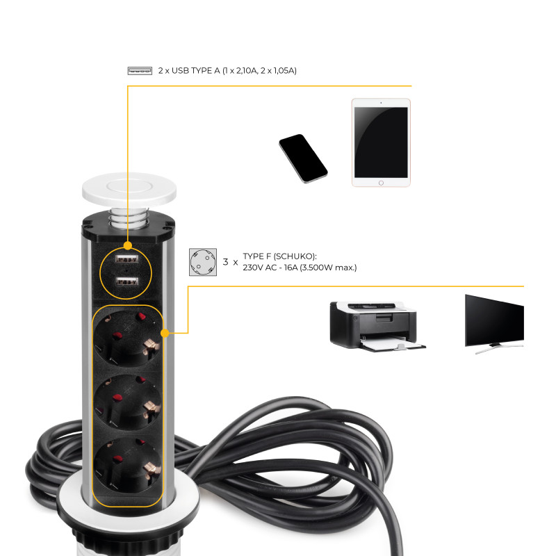 Multipresa estraibile Vertikal, 3 prese Schuko, 2 USB tipo A, Tecnoplastica e Alluminio, Verniciato nero