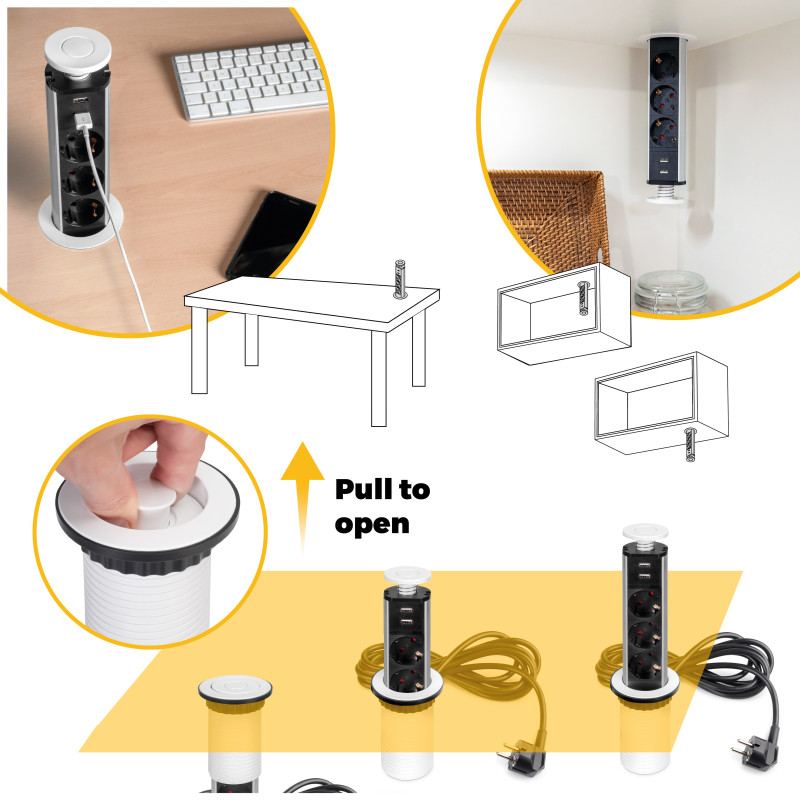 Multipresa estraibile Vertikal, 3 prese Schuko, 2 USB tipo A, Tecnoplastica e Alluminio, Verniciato nero