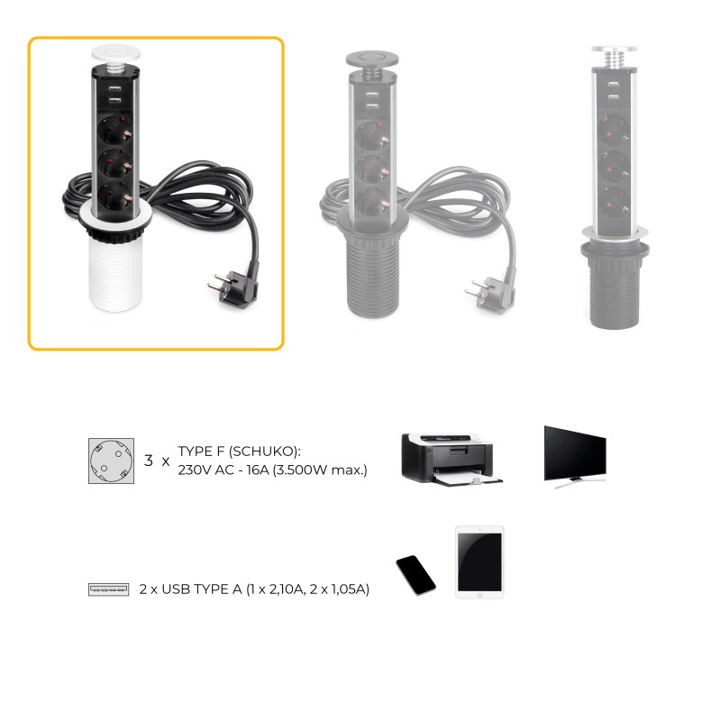 Multipresa estraibile Vertikal, 3 prese Schuko, 2 USB tipo A, Tecnoplastica e Alluminio, Verniciato nero