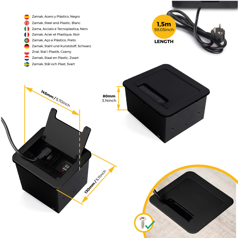 Multiconnettore da tavolo Atom 26 Lite, 225x111 mm, 2 prese Schuko, 1 USB Tipo A, 1 USB Tipo C, Zama-Acciaio-Plastica, Bia
