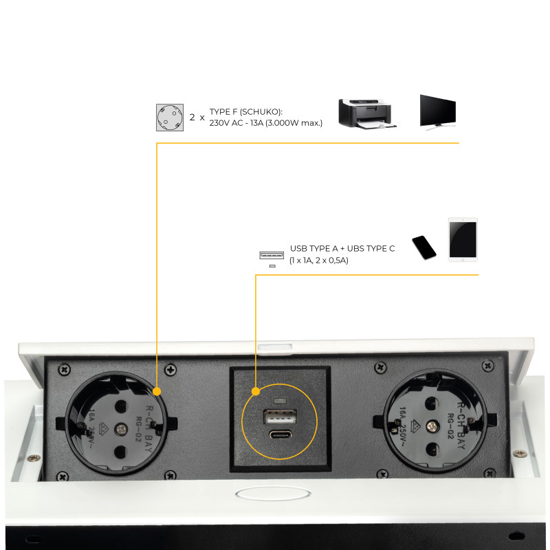 Multiconnettore da tavolo Atom 26 Lite, 225x111mm, 2 prese Schuko, 1 USB Tipo A, 1 USB Tipo C, Zama-Acciaio-Plastica, Nero