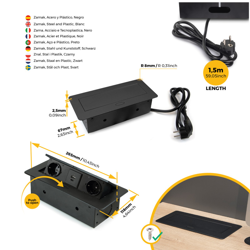 Multiconnettore da tavolo Atom 26 Lite, 225x111 mm, 2 prese Schuko, 1 USB Tipo A, 1 USB Tipo C, Zama-Acciaio-Plastica, Gri