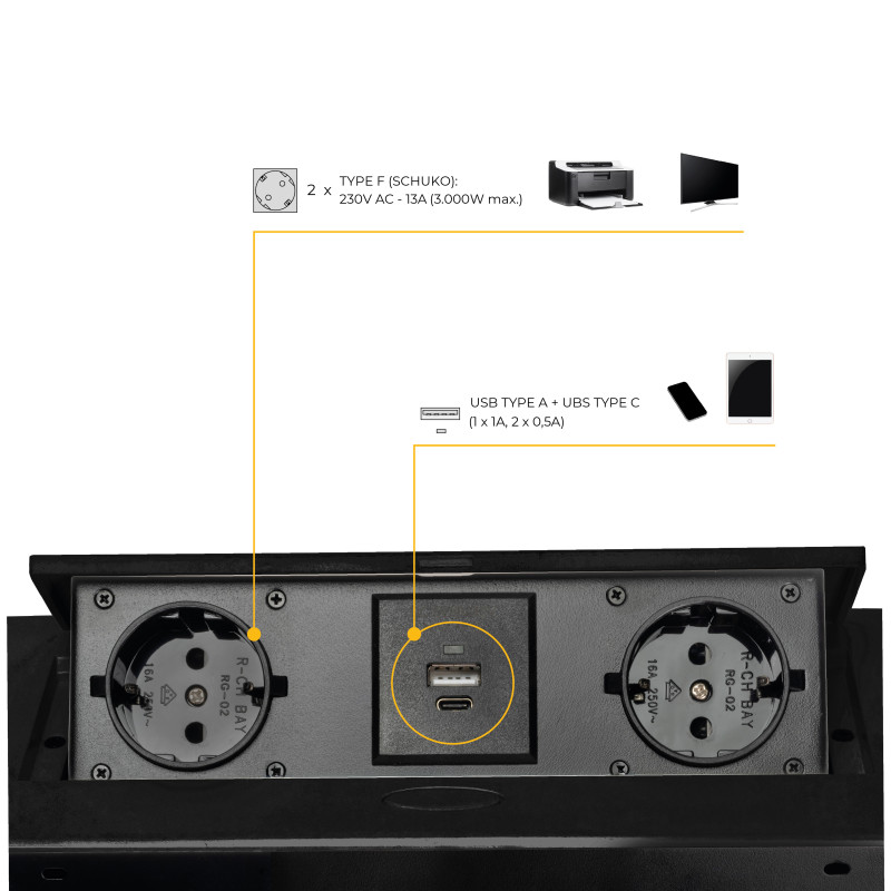 Multiconnettore da tavolo Atom 26 Lite, 225x111 mm, 2 prese Schuko, 1 USB Tipo A, 1 USB Tipo C, Zama-Acciaio-Plastica, Gri