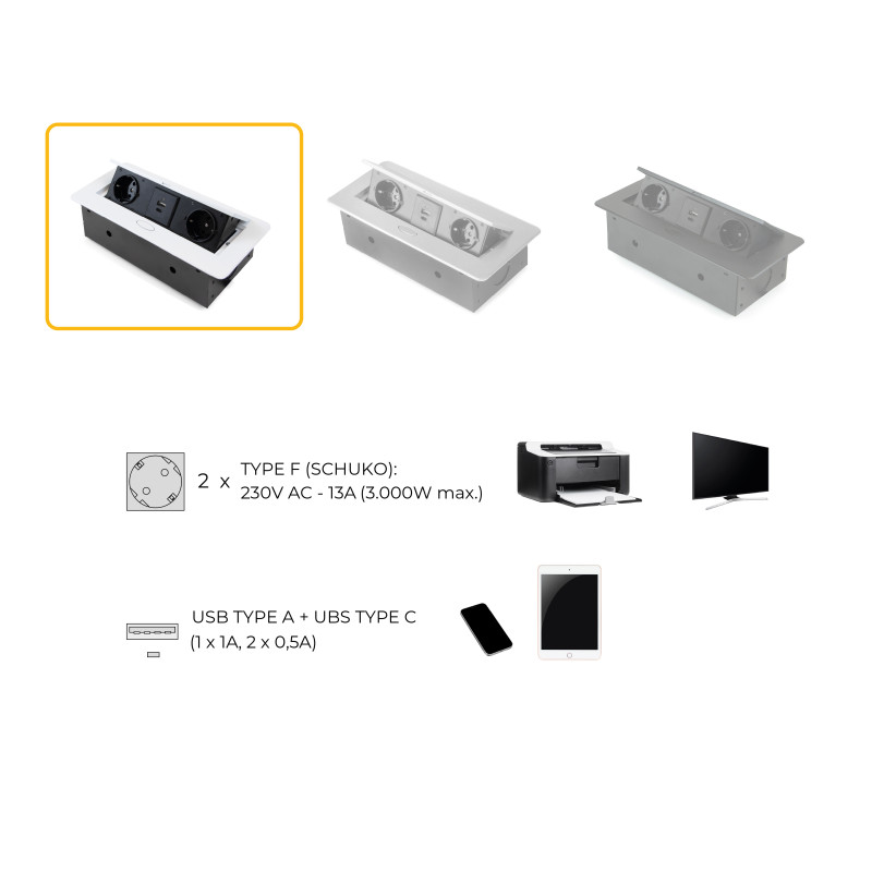 Multiconnettore da tavolo Atom 26 Lite, 225x111mm, 2 prese Schuko, 1 USB Tipo A, 1 USB Tipo C, Zama-Acciaio-Plastica, Nero