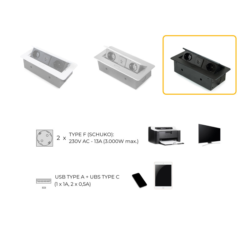 Multiconnettore da tavolo Atom 26 Lite, 225x111 mm, 2 prese Schuko, 1 USB Tipo A, 1 USB Tipo C, Zama-Acciaio-Plastica, Gri