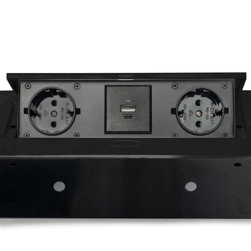 Multiconnettore da tavolo Atom 26 Lite, 225x111 mm, 2 prese Schuko, 1 USB Tipo A, 1 USB Tipo C, Zama-Acciaio-Plastica, Gri