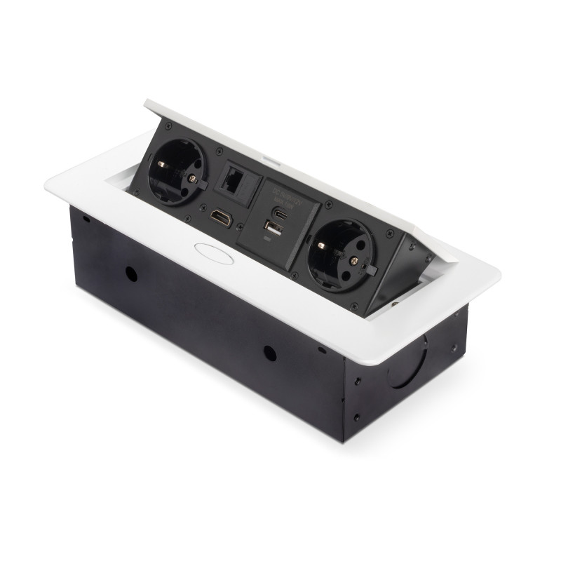 Multiconnettore Atom 26, 225x111mm, 2 prese Schuko, 1 USB Tipo A, 1 USB Tipo C, 1 RJ45, 1 HDMI, Zama-Acciaio-Plastica, Ner