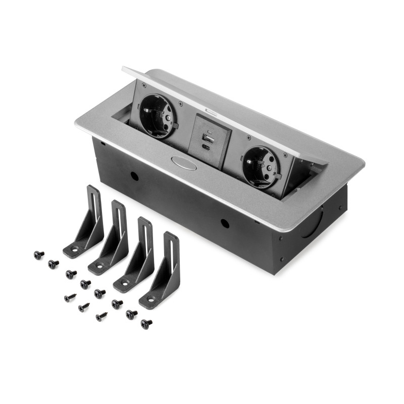 Multiconnettore Atom 26, 225x111mm, 2 prese Schuko, 1 USB Tipo A, 1 USB Tipo C, 1 RJ45, 1 HDMI, Zama-Acciaio-Plastica, Bia