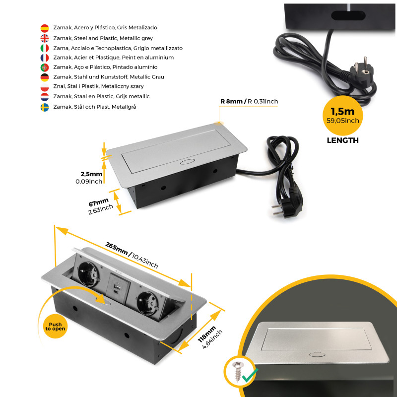 Multiconnettore Atom 26, 225x111mm, 2 prese Schuko, 1 USB Tipo A, 1 USB Tipo C, 1 RJ45, 1 HDMI, Zama-Acciaio-Plastica, Bia