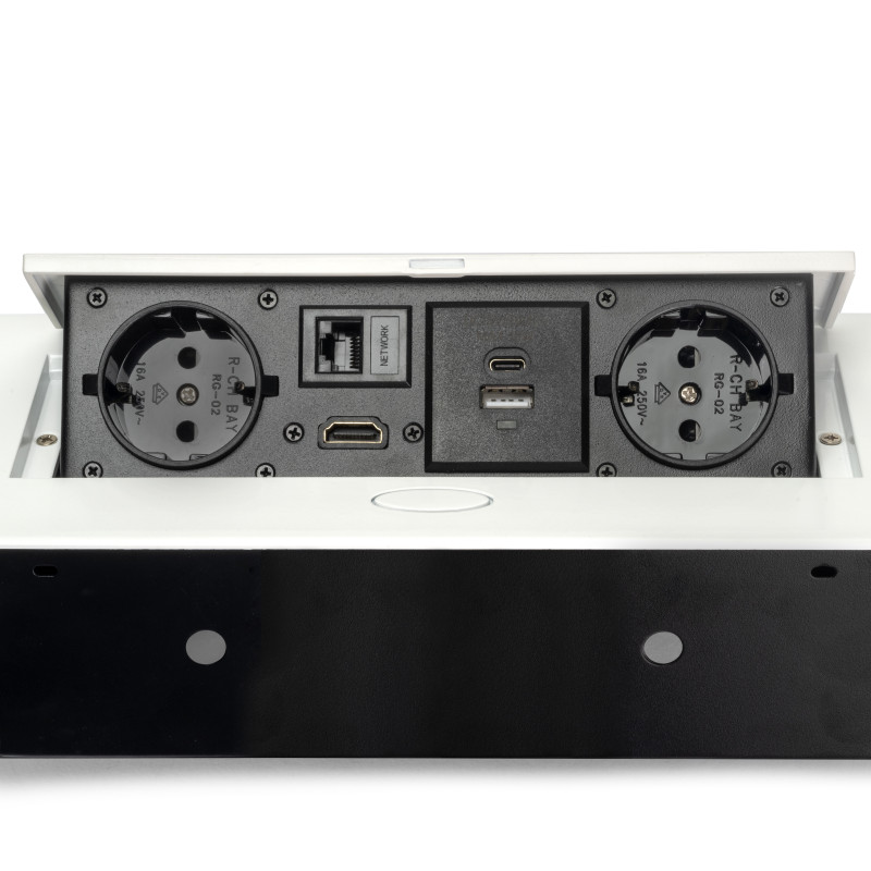 Multiconnettore Atom 26, 225x111mm, 2 prese Schuko, 1 USB Tipo A, 1 USB Tipo C, 1 RJ45, 1 HDMI, Zama-Acciaio-Plastica, Ner