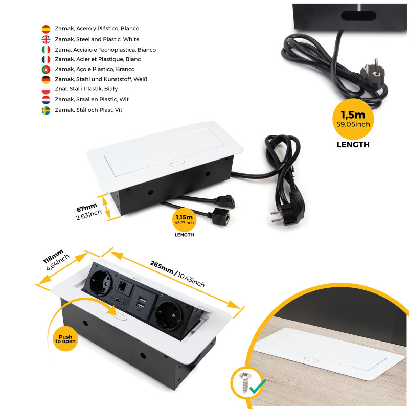 Multiconnettore Atom 26, 225x111mm, 2 prese Schuko, 1 USB Tipo A, 1 USB Tipo C, 1 RJ45, 1 HDMI, Zama-Acciaio-Plastica, Ner