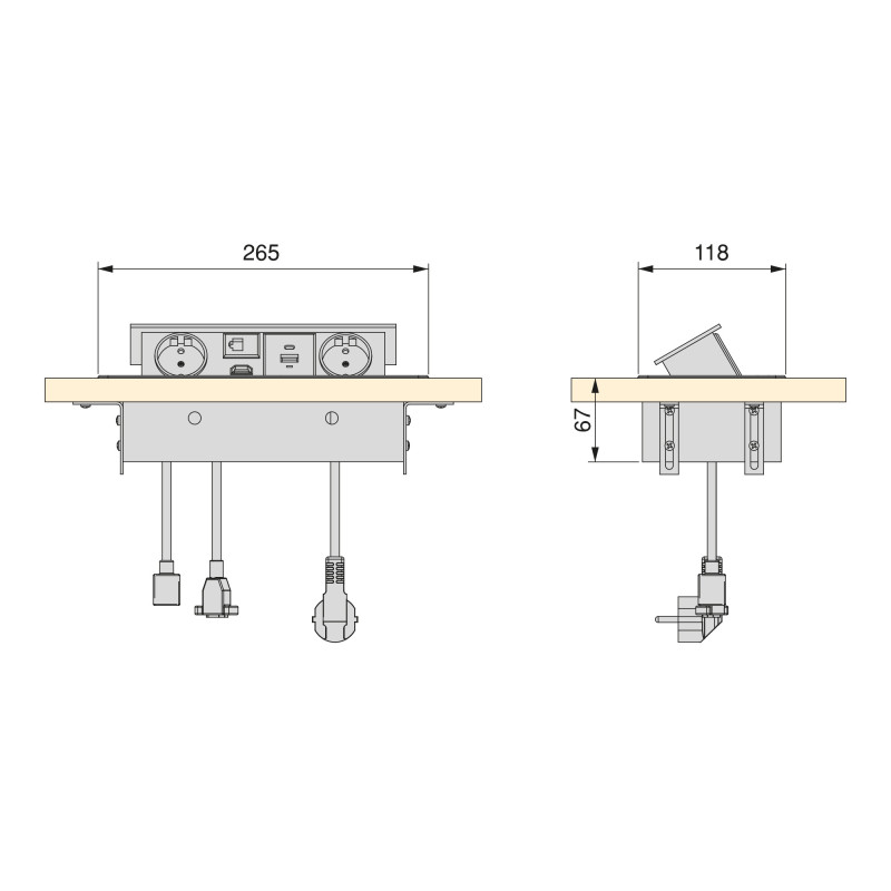 Multiconnettore Atom 26, 225x111mm, 2 prese Schuko, 1 USB tipo A, 1 USB tipo C, 1 RJ45, 1 HDMI, Zama-Acciaio-Plastica, Gri