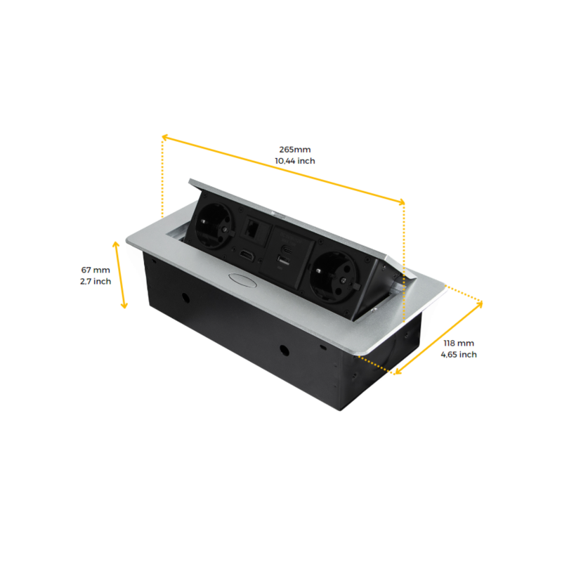 Multiconnettore Atom 26, 225x111mm, 2 prese Schuko, 1 USB Tipo A, 1 USB Tipo C, 1 RJ45, 1 HDMI, Zama-Acciaio-Plastica, Ner