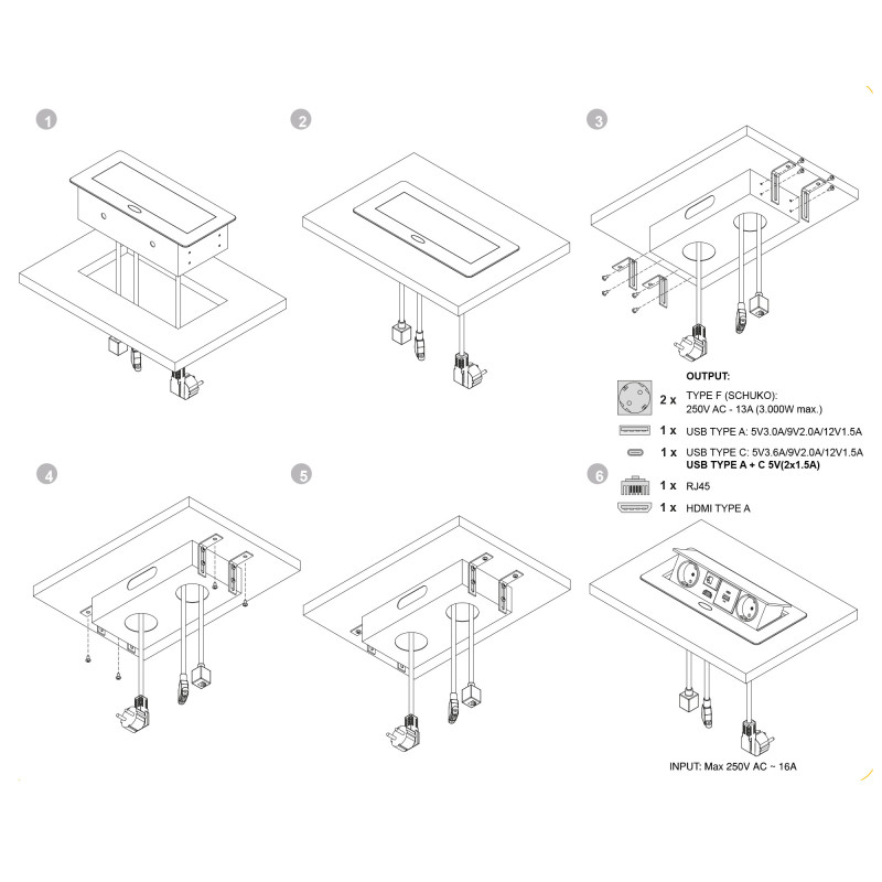 Multiconnettore Atom 26, 225x111mm, 2 prese Schuko, 1 USB tipo A, 1 USB tipo C, 1 RJ45, 1 HDMI, Zama-Acciaio-Plastica, Gri