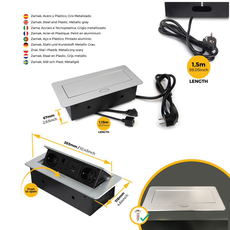 Multiconnettore con coperchio scorrevole Vertikal Flat 60, diametro 60 mm, 1 presa Schuko, 1 USB Tipo A, 1 USB Tipo C, Acc