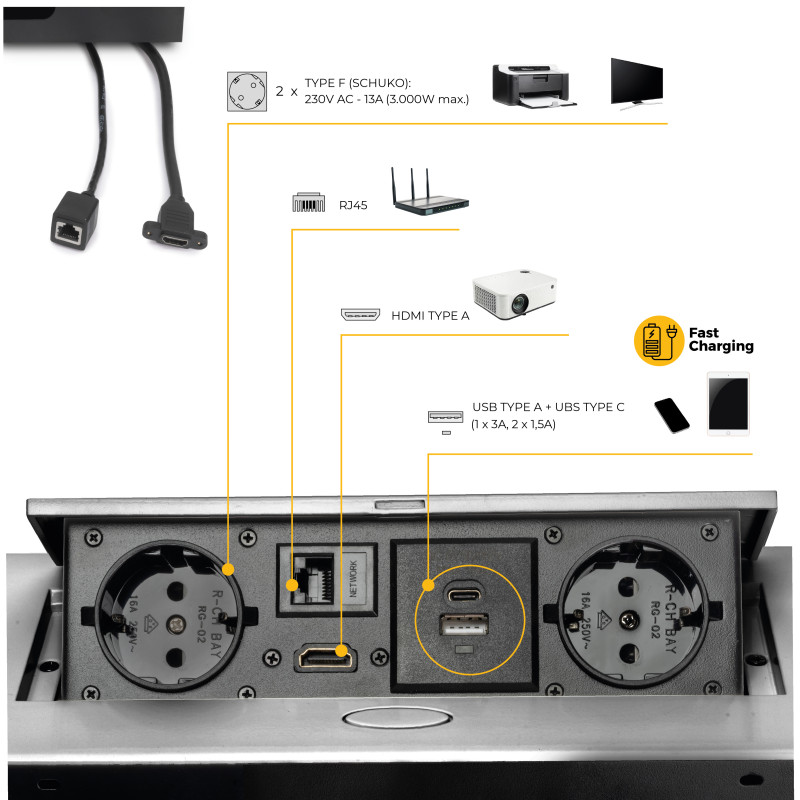 Multiconnettore con coperchio scorrevole Vertikal Flat 60, diametro 60 mm, 1 presa Schuko, 1 USB Tipo A, 1 USB Tipo C, Acc
