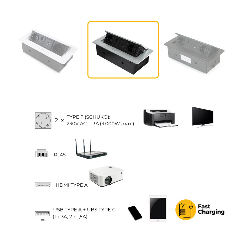 Multiconnettore con coperchio scorrevole Vertikal Flat 60, diametro 60 mm, 1 presa Schuko, 1 USB Tipo A, 1 USB Tipo C, Acc