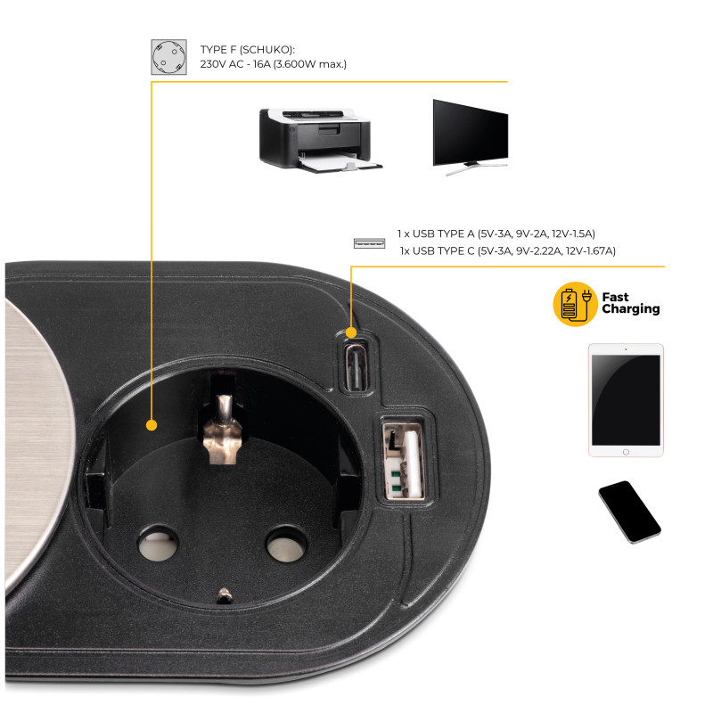 Caricabatterie wireless Airtop 2, con USB A, D.60mm, 5V DC / 2.1A (USB-10W/Qi-10W), Tecnoplastica, Nero