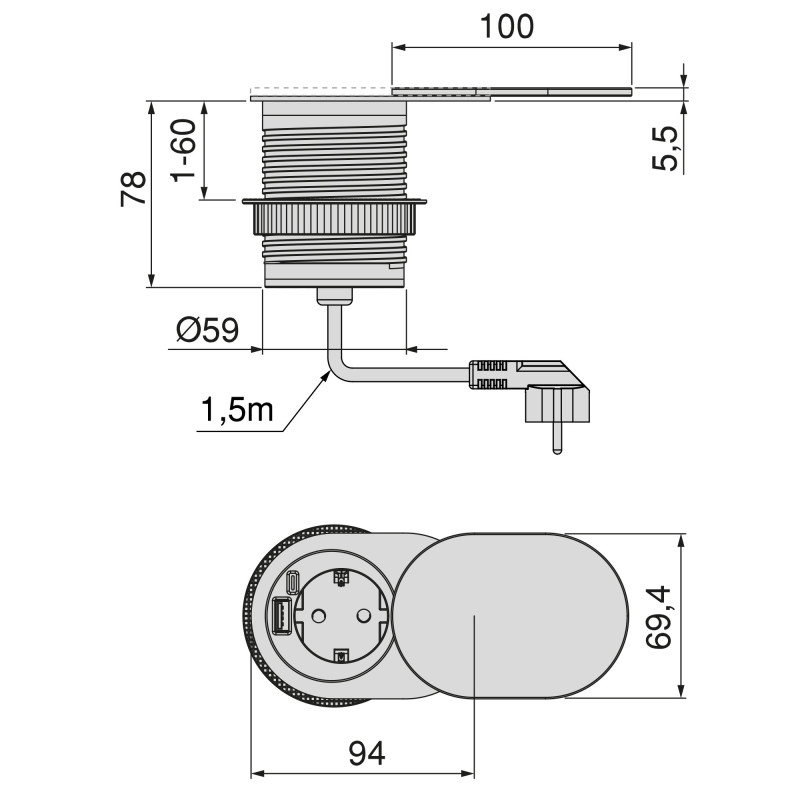 Caricabatterie wireless Airtop 2, con USB A, D.60mm, 5V DC / 2.1A (USB-10W/Qi-10W), Tecnoplastica, Nero
