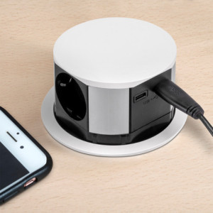 Zoom Multiconnettore Vertikal Push diametro 100mm, 3 spine di tipo Schuko, 1 USB tipo A, 1 USB tipo C, Acciaio e Tecnoplastica