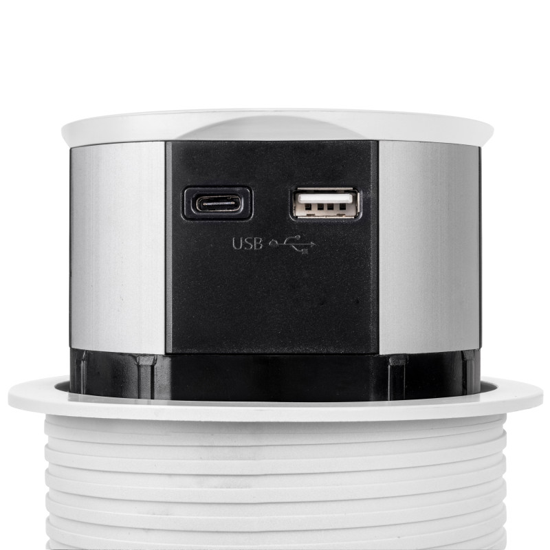 Multiconnettore Vertikal Push diametro 100mm, 3 spine di tipo Schuko, 1 USB tipo A, 1 USB tipo C, Acciaio e Tecnoplastica