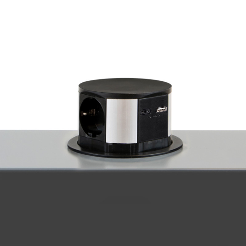 Multiconnettore Vertikal Push diametro 100mm, 3 spine di tipo Schuko, 1 USB tipo A, 1 USB tipo C, Acciaio e Tecnoplastica