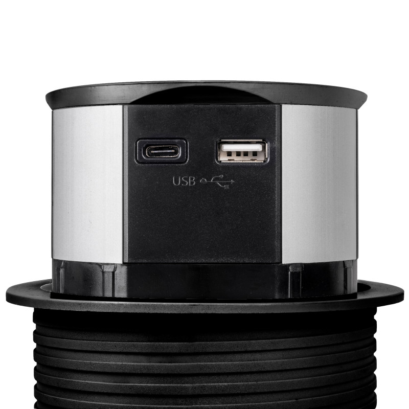 Multiconnettore Vertikal Push diametro 100mm, 3 spine di tipo Schuko, 1 USB tipo A, 1 USB tipo C, Acciaio e Tecnoplastica