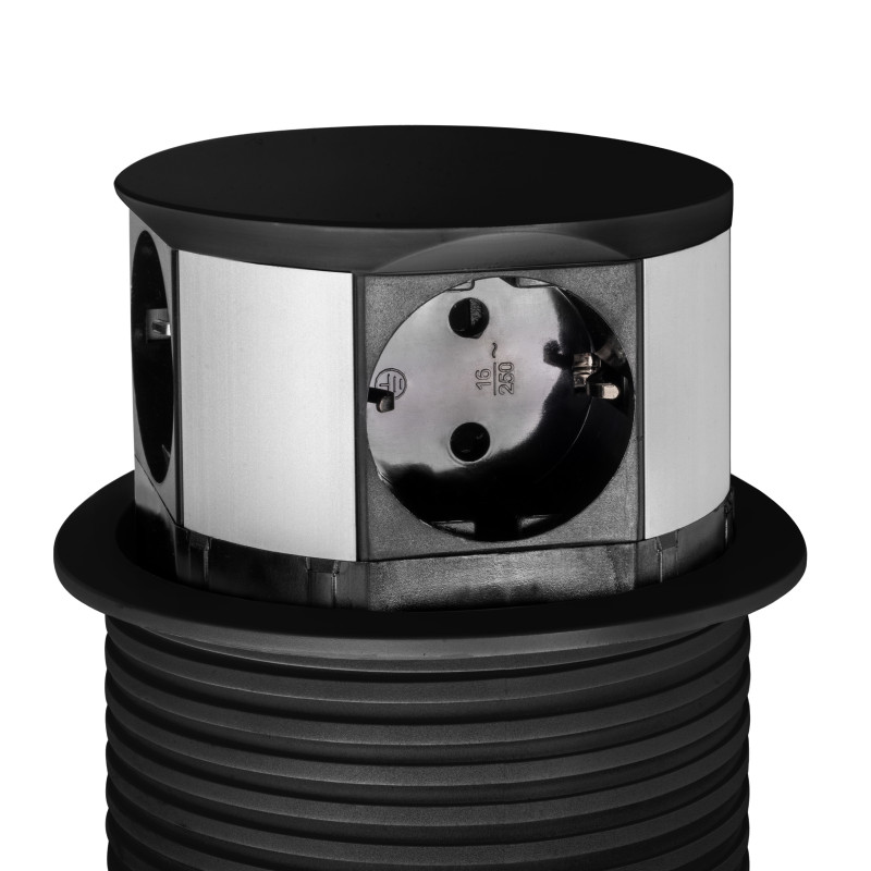 Multiconnettore Vertikal Push diametro 100mm, 3 spine di tipo Schuko, 1 USB tipo A, 1 USB tipo C, Acciaio e Tecnoplastica