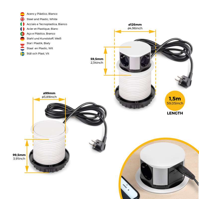 Multiconnettore Vertikal Push diametro 100mm, 3 spine di tipo Schuko, 1 USB tipo A, 1 USB tipo C, Acciaio e Tecnoplastica