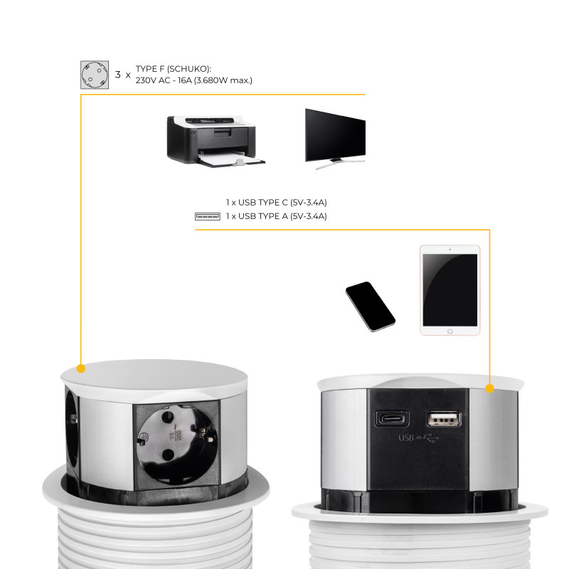 Multiconnettore Vertikal Push diametro 100mm, 3 spine di tipo Schuko, 1 USB tipo A, 1 USB tipo C, Acciaio e Tecnoplastica