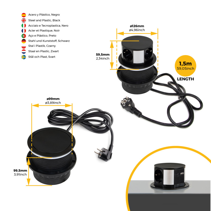 Multiconnettore Vertikal Push diametro 100mm, 3 spine di tipo Schuko, 1 USB tipo A, 1 USB tipo C, Acciaio e Tecnoplastica