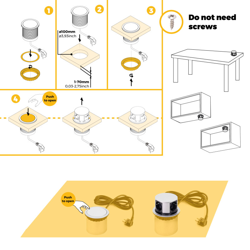 Multiconnettore Vertikal Push diametro 100mm, 3 spine di tipo Schuko, 1 USB tipo A, 1 USB tipo C, Acciaio e Tecnoplastica